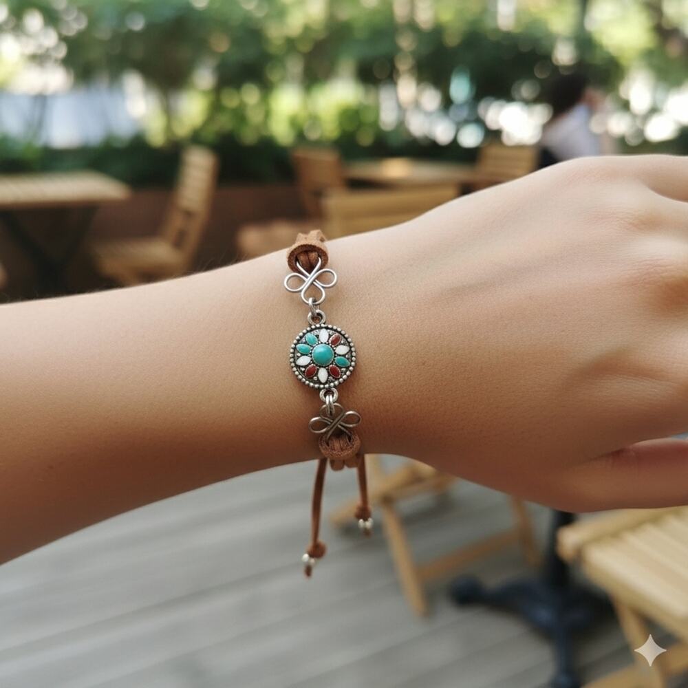 Boho Floral Enamel Bracelet, Vegan Suede Adjustable Cord